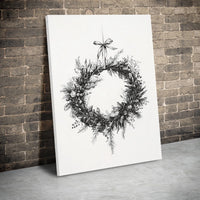 Black and White Holiday Wall Art, Christmas Wreath Canvas Print, Minimalist Botanical Canvas, Winter Festive Wall Decor, Xmas Home Art Present