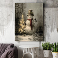 Christmas Tree Canvas Print, Vintage Snowman Canvas Wall Art, Whimsical Holiday Canvas Art, Winter Season Wall Decor, Rustic Xmas Home Present
