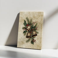 Rustic Holly Pine Holiday Print, Vintage Christmas Bells Canvas Wall Art, Seasonal Winter Home Decor, Traditional Xmas Canvas Decor Present