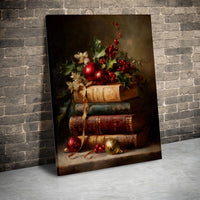 Antique Books Wall Art Print, Christmas Still Life Canvas Print, Vintage Holiday Canvas Print, Winter Digital Download, Book Lover Present