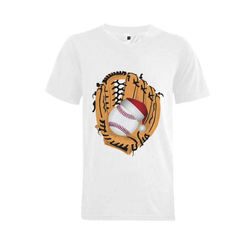 Christmas Baseball Shirt, Santa Hat Baseball Glove T-Shirt, Ring-Spun Cotton V-Neck Tee, Big and Tall Holiday Sports Graphic Shirt