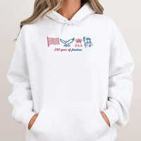 250 Years of Freedom Hoodie | Patriotic American Flag Eagle Liberty Icons | Soft Cotton-Polyester Blend | 4th of July Gift for Patriots