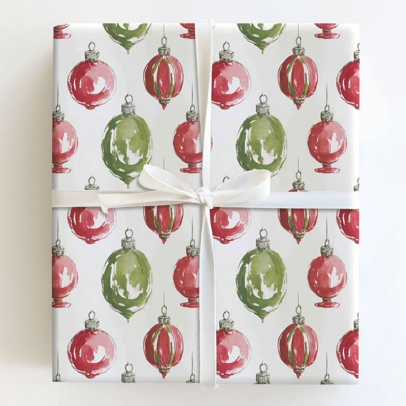 Red and Green Baubles Gift Wrap, Watercolor Christmas Ornament Wrapping Paper, Holiday Ornament Wrapping Paper, Festive Present Packaging Roll