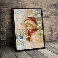 Vintage Winter Cat Wall Art, Victorian Girl with Cat Wall Art, Antique Christmas Wall Art, Holiday Home Decor, Printable Digital Download