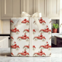 Vintage Christmas Gift Wrap, Santa Driving Red Car Wrapping Paper, Retro Watercolor Holiday Wrapping Paper, Festive Xmas Gift Wrap Roll