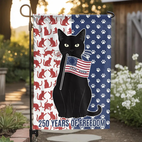 Patriotic Black Cat Garden Flag | 250 Years of Freedom 1776-2026 America Betsy Ross | Premium Double Sided Weatherproof Yard Banner | Patriotic Gift for Cat Lovers