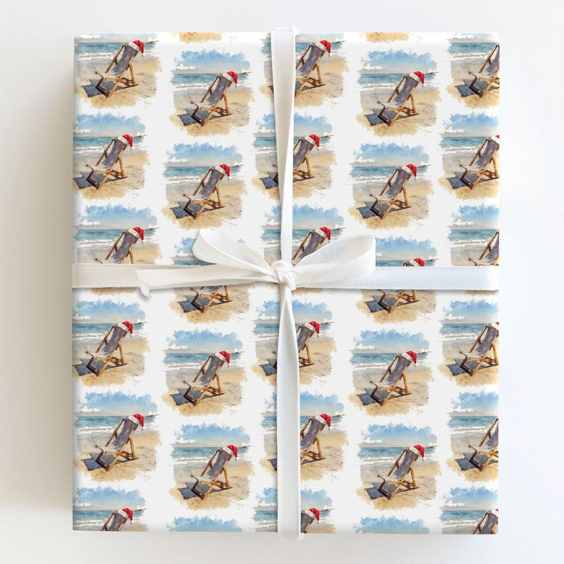 Beach Chair Santa Hat Gift Wrap, Tropical Christmas Wrapping Paper, Coastal Holiday Wrapping Paper, Ocean Seaside Festive Present Wrap