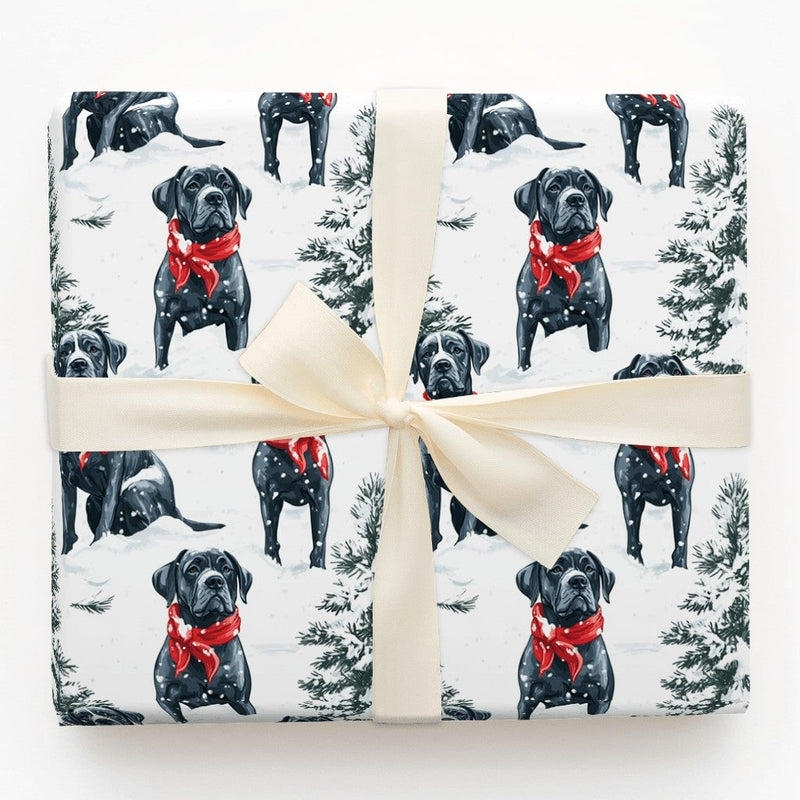 Black Dog in Red Scarf Gift Wrap, Cane Corso Christmas Wrapping Paper, Holiday Dog Lover Wrapping Paper Roll, Winter Pet Present Wrap