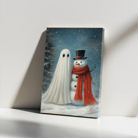 Spooky Christmas Winter Canvas Print, Ghost and Snowman Canvas Wall Art, Whimsical Holiday Ghost Wall Art, Adorable Winter Wall Decor