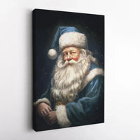 Vintage Winter Holiday Portrait Print, Blue Santa Claus Canvas Wall Art, Rustic Christmas Decor, Nostalgic Father Christmas Art Canvas