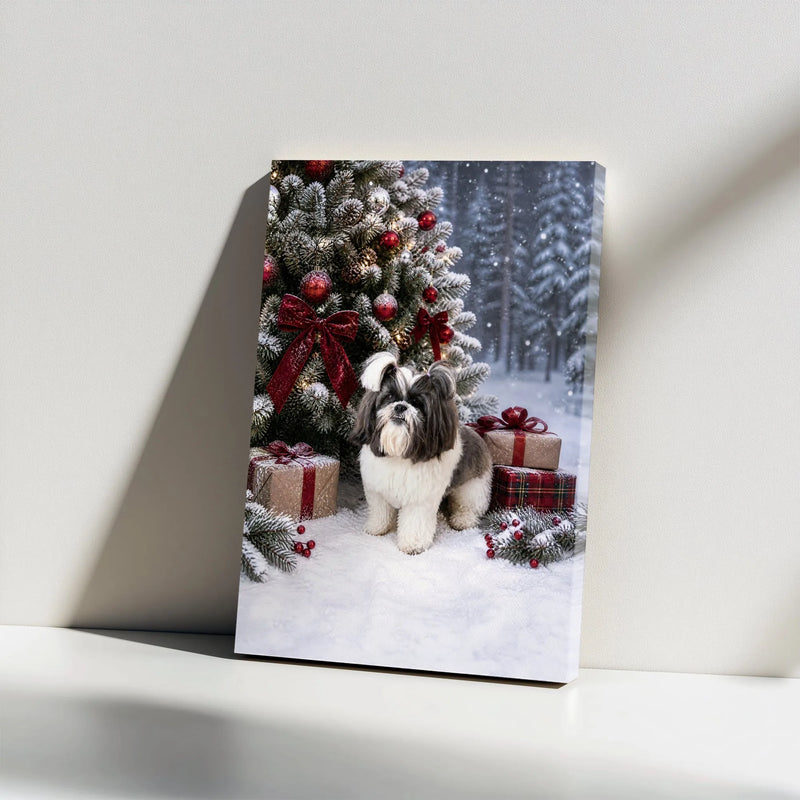 Snowy Holiday Dog Portrait Canvas Print, Shih Tzu Christmas Canvas Wall Art, Christmas Tree Puppy Canvas Art, Dog Lover Holiday Wall Decor