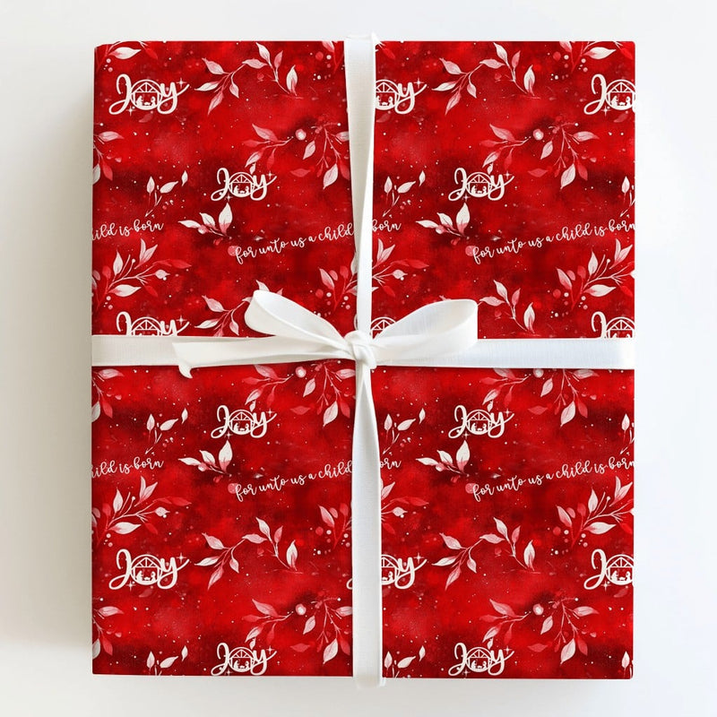 Christian Christmas Gift Wrap, Nativity Scene Joy Wrapping Paper, Crimson Red Religious Holiday Paper, Joy Gift Wrapping Paper Roll
