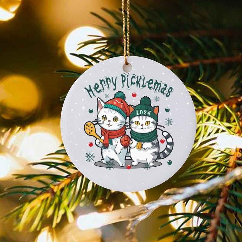 Humorous Pickleball Player Ceramic Ornament, Merry Picklemas Cat Christmas Ornament, Adorable Kitten Sports Keepsake Ornament, Holiday Tree Present