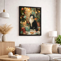 Holiday Tree Oil Painting Canvas Art, Tuxedo Cat Christmas Canvas Print, Festive Winter Cat Canvas Wall Art, Comfy Xmas Pet Lover Decor