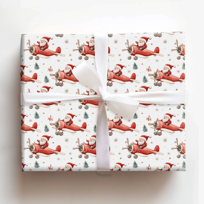 Watercolor Aviation Christmas Gift Wrap, Santa Flying Airplane Wrapping Paper, Vintage Red Plane Wrapping Paper, Pilot Holiday Gift Wrap