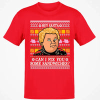 Ugly Christmas Sweater Graphic Tee, Hey Santa Can I Fix You Some Sandwiches T-Shirt, Humorous Holiday Movie Quote Shirt, Xmas Present