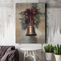 Pine Bough Red Bow Poster, Vintage Christmas Bell Wall Art Digital Download, Rustic Holiday Painting Print, Farmhouse Xmas Wall Decor Present