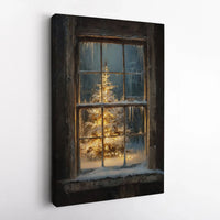 Snowy Window Winter Landscape Canvas Wall Art, Christmas Tree Canvas Print, Comfy Holiday Canvas Decor, Rustic Winter Season Canvas Art