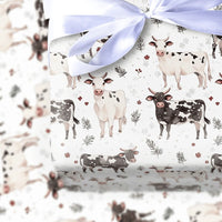 Black and White Cow Gift Wrap, Farmhouse Cow Christmas Wrapping Paper, Winter Holly Wrapping Paper, Rustic Farm Animal Holiday Gift Wrap