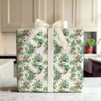 Traditional Christmas Gift Wrap, Watercolor Holly Berries Wrapping Paper, Botanical Holiday Wrapping Paper, Classic Winter Gift Wrap Roll