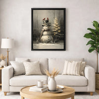 Winter Scene with Red Cardinal Poster, Vintage Snowman Canvas Wall Art Print, Rustic Christmas Holiday Decor, Printable Winter Village Art