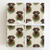 Dog Wreath Holiday Gift Wrap, Chocolate Lab Christmas Wrapping Paper, Labrador Retriever Christmas Wrapping Paper, Pet Lover Gift Wrap