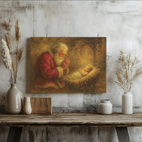 Religious Christmas Canvas Art, Kneeling Santa Praying over Baby Jesus Canvas, Nativity Scene Wall Decor, Christian Holiday Canvas Print