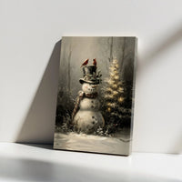 Winter Cardinal Canvas Print, Christmas Snowman Canvas Wall Art, Holiday Scene Wall Art, Rustic Xmas Wall Decor, Christmas Home Art Present