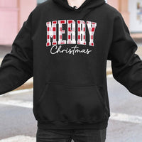 Retro Buffalo Plaid Christmas Sweatshirt, Merry Christmas Hoodie, Comfy Holiday Pullover, Winter Season Plaid Hooded Sweater Xmas Present