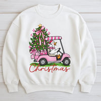 Pink Golf Cart Christmas Tree Crewneck, Christmas Goose Sweatshirt, Retro Pink Christmas Sweatshirt, Adorable Holiday Pullover Sweater Present