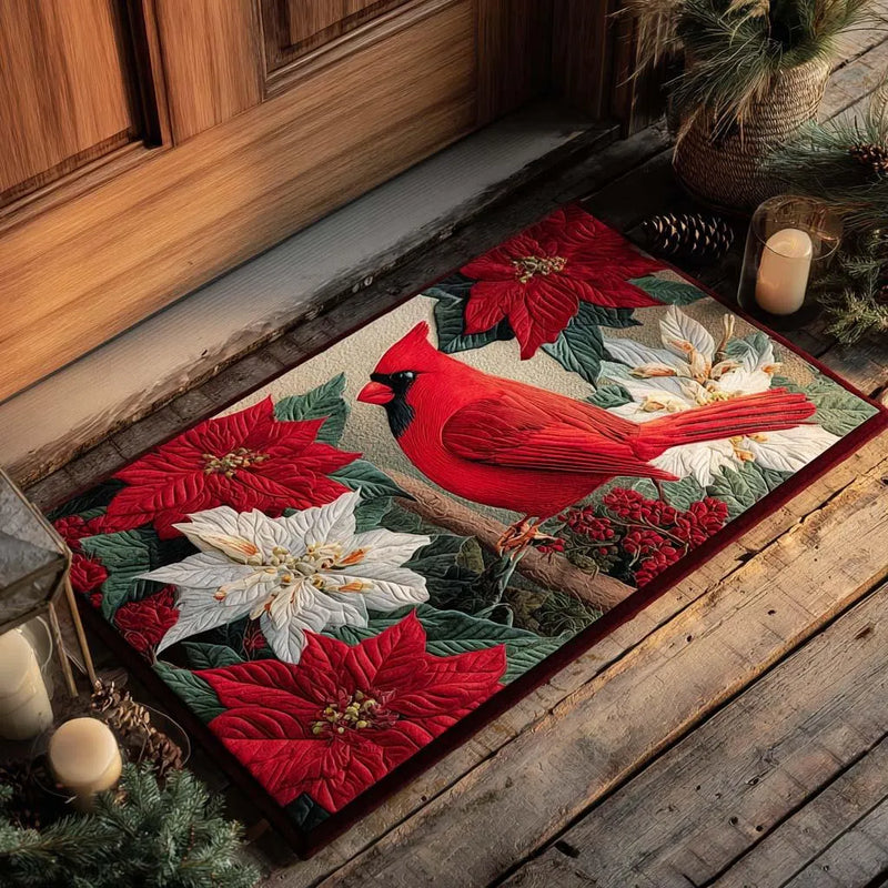 Red Poinsettia Floral Welcome Mat, Winter Cardinal Bird Doormat, Frost Bloom Door Mat, Christmas Floor Mat, Winter Porch Entryway Decor
