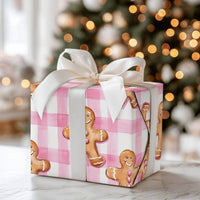 Watercolor Holiday Cookie Gift Wrap, Pink Gingham Gingerbread Man Wrapping Paper, Adorable Christmas Wrapping Paper, Sweet Present Packaging