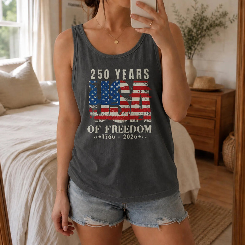 Patriotic USA Flag Tank Top | 250 Years of Freedom Vintage 1776-2026 Graphic | Soft Breathable Lightweight Fabric | Unisex Independence Day Gift