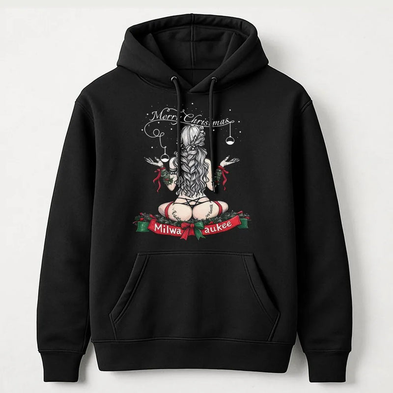 Merry Christmas Pinup Girl Hoodie, Milwaukee Christmas Hoodie, Vintage Holiday Graphic Hooded Sweatshirt, Comfy Winter Xmas Present for Her