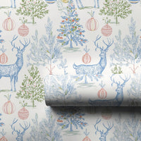 Vintage Toile Holiday Gift Wrap, Blue Reindeer Toile Christmas Wrapping Paper, Elegant Deer Tree Gift Wrapping Paper, Winter Present Paper