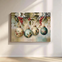 Victorian Holly Baubles Oil Painting, Christmas Ornaments Horizontal Canvas, Elegant Xmas Holiday Wall Decor, Winter Digital Download
