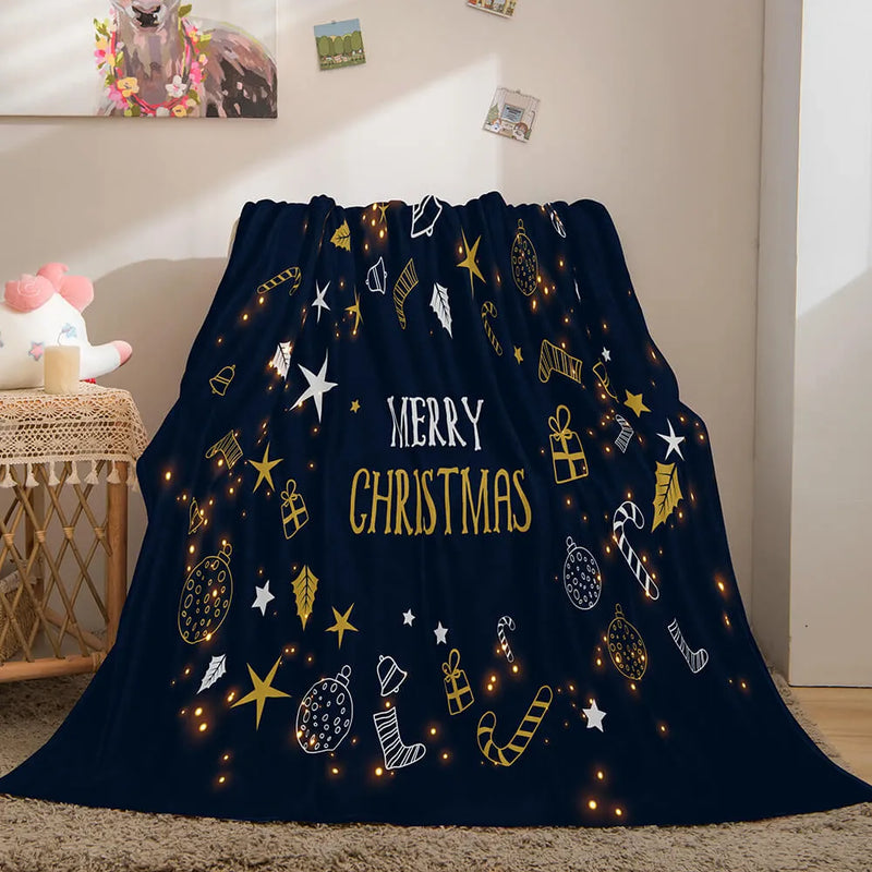 Starry Night Holiday Blanket, Merry Christmas Throw Blanket, Navy Blue Gold Ornament Fleece Blanket, Winter Seasonal Bedding, Xmas Present