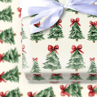Red Bow Holiday Gift Wrap Roll, Watercolor Christmas Tree Wrapping Paper, Classic Pine Tree Wrapping Paper, Vintage Christmas Gift Wrap