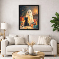 Whimsical Christmas Lights Printable Wall Art, Ghost and Black Cat Digital Download, Spooky Holiday Canvas Print, Comfy Winter Decor Poster