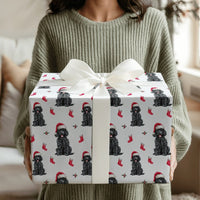 Dog Santa Hat Gift Wrap, Black Poodle Christmas Wrapping Paper, Holiday Puppy Wrapping Paper Roll, Pet Lover Xmas Gift Wrap Roll