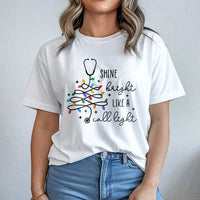 Nurse Christmas Stethoscope Tee, Shine Bright Like a Call Light Shirt, Nurse Christmas Shirt, Medical Holiday T-Shirt, RN Xmas Present