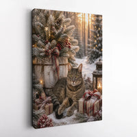 Snowy Winter Cat Wall Art, Christmas Tabby Cat Canvas, Holiday Kitten Lantern Canvas Print, Festive Cat Lover Wall Decor, Comfy Seasonal Present
