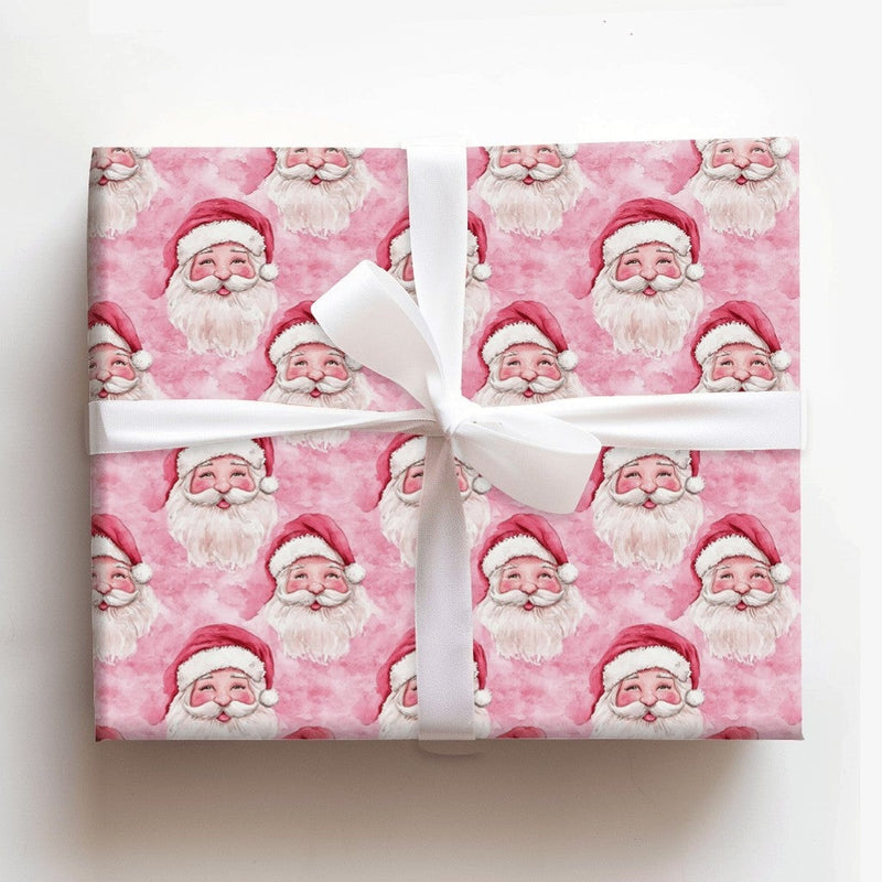 Watercolor Santa Face Gift Wrap, Pink Santa Claus Wrapping Paper, Adorable Pastel Christmas Wrapping Paper, Whimsical Holiday Gift Wrap Roll