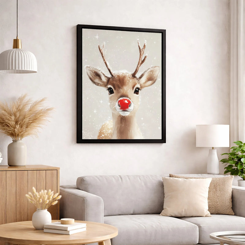 Adorable Winter Animal Portrait Canvas Print, Red Nosed Reindeer Christmas Holiday Canvas Wall Art, Festive Xmas Deer Canvas Art, Home Decor
