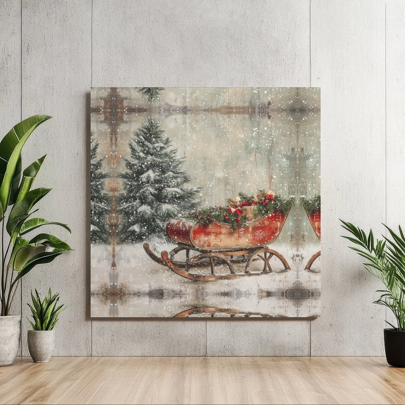 Snowy Pine Winter Scene Poster, Vintage Christmas Sleigh Wall Art, Rustic Farmhouse Holiday Print, Digital Download Festive Christmas Decor