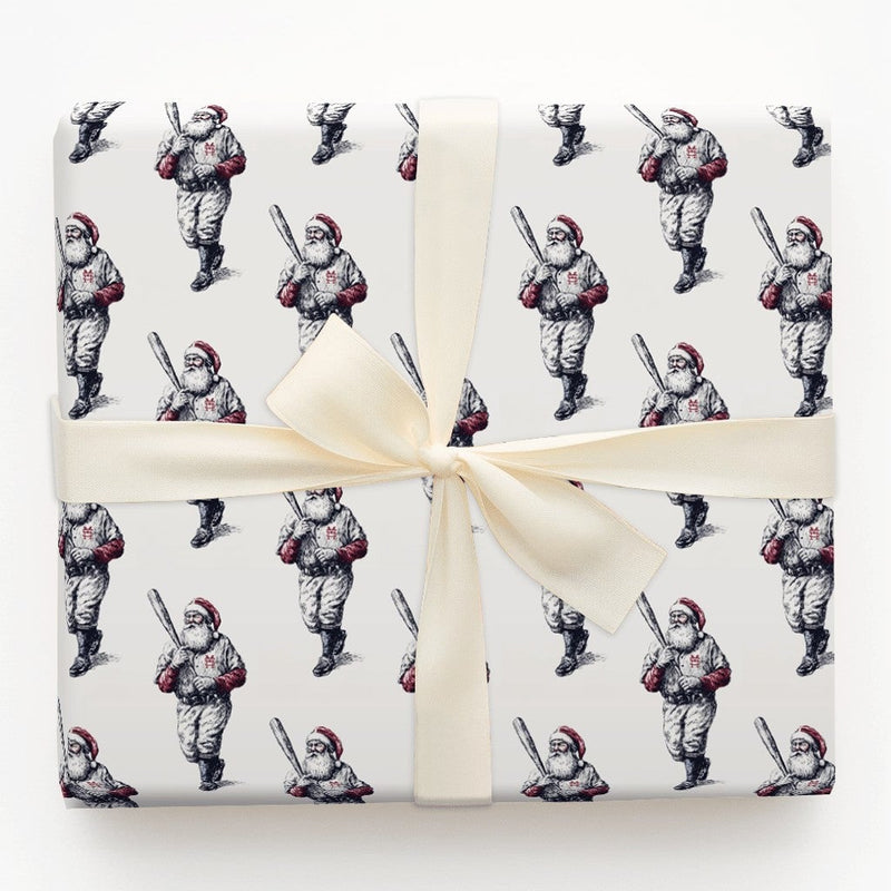 Vintage Sports Gift Wrap, Baseball Santa Christmas Wrapping Paper, Baseball Batter Holiday Wrapping Paper, Classic Present Gift Wrap