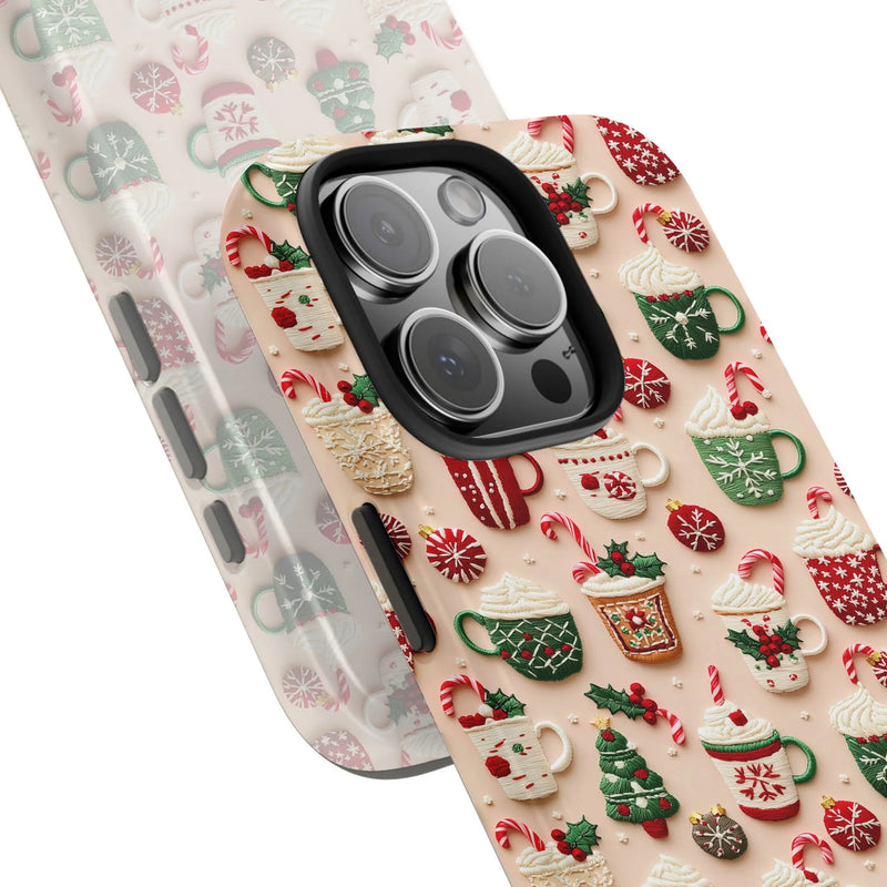 Winter Holiday Candy Cane Mug Phone Case, Christmas Hot Cocoa Phone Case, Dual Layer Tough Protective Cover, Comfy Christmas Present for Her