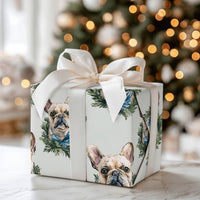 Dog Wreath Gift Wrap, French Bulldog Christmas Wrapping Paper, Frenchie Holiday Wrapping Paper, Adorable Winter Dog Lover Gift Wrapping Paper