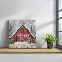 Snowy Winter Farmhouse Painting Print, Red Barn Christmas Canvas Wall Art, Digital Download Rustic Holiday Decor, Country Xmas Poster