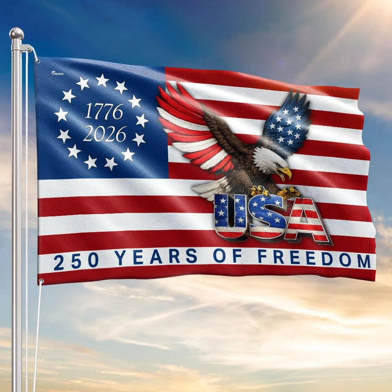 250 Years of Freedom American Flag | Betsy Ross 1776-2026 Commemorative Design | UV-Resistant Polyester | Patriotic Home & Garden Decor